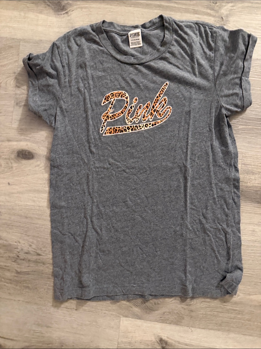 PINK Victoria's Secret Gray Tee with Leopard Script